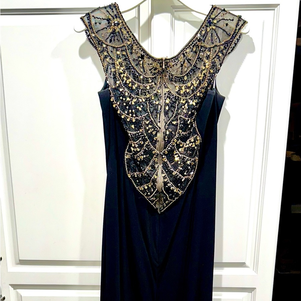 Tony Bowls Black and Gold cap sleeve Embellished Gown